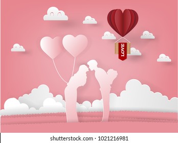 illustration vector of paper art origami couple is kissing with roses and balloon on pink background, graphic design concept of valentine's day