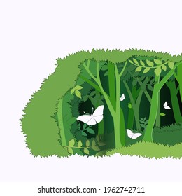 Illustration or vector Paper art style of Butterfly in a forest. many beautiful trees and leavs.