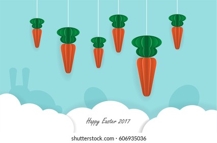 Illustration vector paper craft and paper cut style of carrot, cloud, bunny, eggs. Happy Easter card on blue background.
