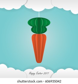 Illustration vector paper craft and paper cut style of carrot, cloud. Happy Easter card on blue background.