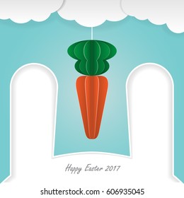Illustration vector paper craft and paper cut style of carrot, cloud, bunny. Happy Easter card on blue background.