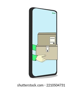 Illustration und Vektorgrafik von Paketzustellungspaketen, die über Online-Shopping-Anwendungen auf Mobiltelefonen für die Werbung bestellt werden