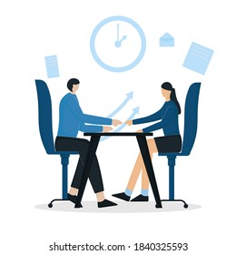 Illustration vector Partnership agreement concept with women sit and shaking hands at the negotiations table.  
