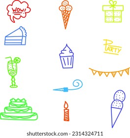 Illustration of vector and party of doodles set, collection isolated on white background contains such as cloud, lemon water, ice cream, muffin, cake, candle, gifts. 