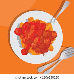Illustration vector of pasta rigatoni with meatball sauce. pasta rigatoni with meatball soice for dinner date. dinner menu. meatball souce are so yummy. pasta with meatball souce in white plate