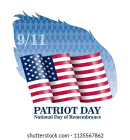 Illustration of Vector Patriots Day Poster. September 11th 2001 Paper Lettering on Blurred USA Flag