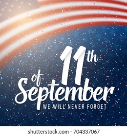 Illustration of Vector Patriots Day Poster. September 11th 2001 Paper Lettering on Blurred USA Flag Background with Confetti