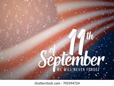 Illustration of Vector Patriots Day Poster. September 11th 2001 Paper Lettering on Blurred USA Flag Background with Confetti