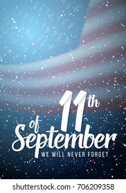 Illustration of Vector Patriots Day Poster. September 11th Paper Lettering on Blurred USA Flag Background with Confetti