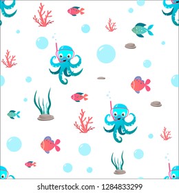 Illustration vector pattern of cute and funny octopus diver with snorkeling mask and snorkel on the white background. Fish, octopus, corals, seaweed. For kids and babies funny pattern.