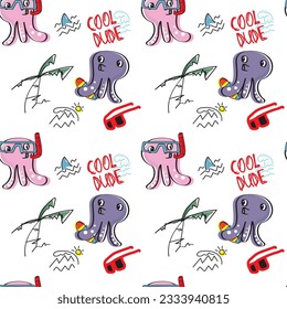 Illustration vector pattern of cute and funny octopus diver with diving mask and snorkel on seamless white background.