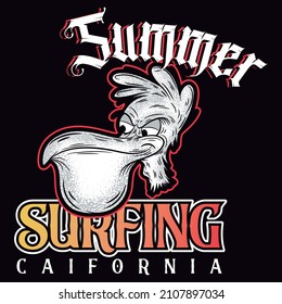 Illustration vector pelican with text surfing summer and black background cool design