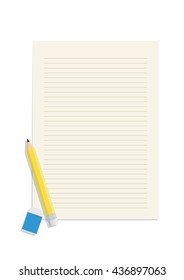 Illustration vector pencil and eraser on a blank lined paper. Education Object Concept.