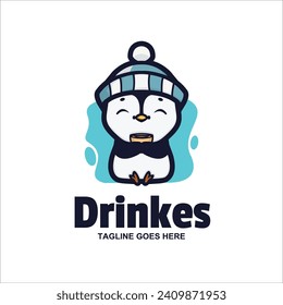 Illustration Vector Penguin Drink Mascot Cartoon Logo Style.