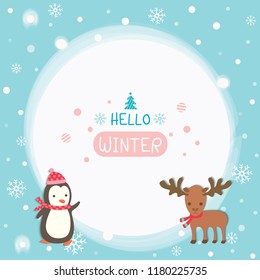 Illustration vector of  penguin and moose decorated in the snow for Happy Winter.