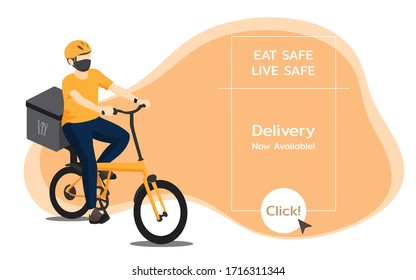 Illustration vector People Character Design : man ride the bicycle with food box behind to delivery food with banner background for online restaurant and food shop.