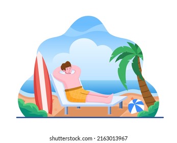 Illustration Vector People enjoying and relaxing on the tropical beach when summer vocation.
Can be used for web, landing page, social media, postcard, etc