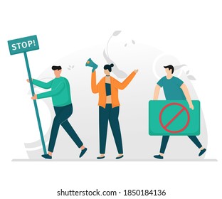 Illustration vector people protest strike concept. People holding political banners, activists with strike manifestation sign, protest demonstration.
