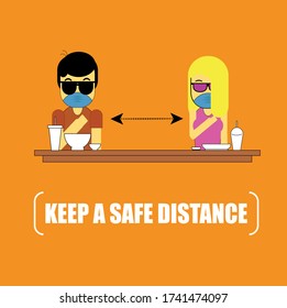 illustration vector : People safe distancing at restaurant on Covid 19 Pandemic.
