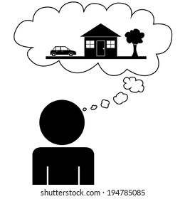 Illustration (vector) of a person that is dreaming at a house.