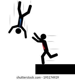 Illustration (vector) of a person that is falling and one that is trying to save him.