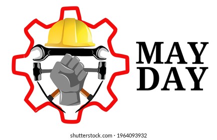 illustration vector of pickaxe, wrench, gear, hammer, safety helmet and hand clenched as symbol of labour for May Day, suitable as template, logo, etc
