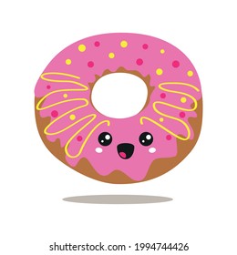 Ilustración con el donut rosa vector sobre fondo aislado. Pasteles dulces con sonrisa y emoción de alegría. Cute donut, quequito al estilo kawaii. Comida divertida en forma de pegatina.