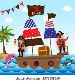 Illustration vector of Pirate ship with boy and girl on the ocean.