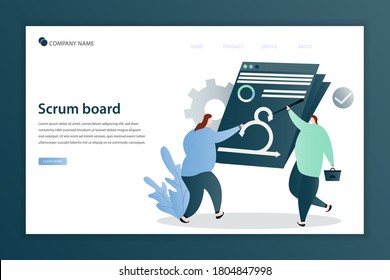 Illustration vector planning on the scrum board landing page. people sticking papers on and analyzing processes. Agile project management and Scrum task board. Landing page, template, homepage, poster