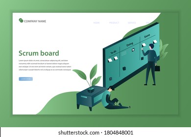 Illustration vector planning on the scrum board landing page. people sticking papers on and analyzing processes. Agile project management and Scrum task board. Landing page, template, homepage, poster