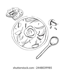 Ilustración. Ilustración vectorial de un plato con borscht, manteca de cerdo con ajo y pan, una cucharada sopera. Todos los objetos se dibujan en Vector en negro. Adecuado para imprimir en papel, menús, recetas.