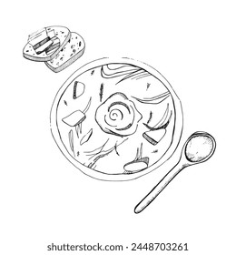 Ilustración. Ilustración vectorial de un plato con borscht, manteca de cerdo y pan, una cucharada sopera. Todos los objetos se dibujan en Vector en negro. Adecuado para imprimir en papel, menús, recetas.