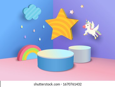 Illustration  vector podium decorated with rainbow, cloud, star and unicorn design to 3d style background for kids 