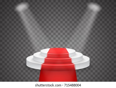 Illustration of Vector Podium Template. 3D Realistic Vector Winner Podium with Red Carpet and Bright Light