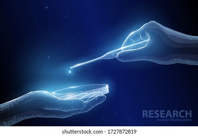 
Concepto poligonal vectorial de ilustración, plato de laboratorio, cuentagotas de experimentos, sobre fondo azul oscuro, símbolo de medicina, farmacología, biología, ciencia y descubrimientos en el desarrollo de drogas.