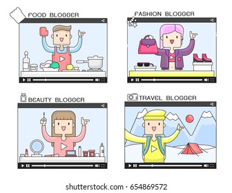 Illustration vector of popular young video streamer. woman fashion ,man travel,cooking with food,beauty make up blogger 