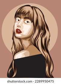 Illustration vector portrait full half body Korean woman with brown background. Lalisa Manoban. South Korea. Idol K Pop.  