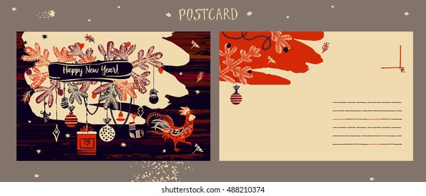 Illustration vector postcard for happy new year 2017 with silhouette cock and christmas decoration on color background. Design vector image with symbol year red rooster 2017.