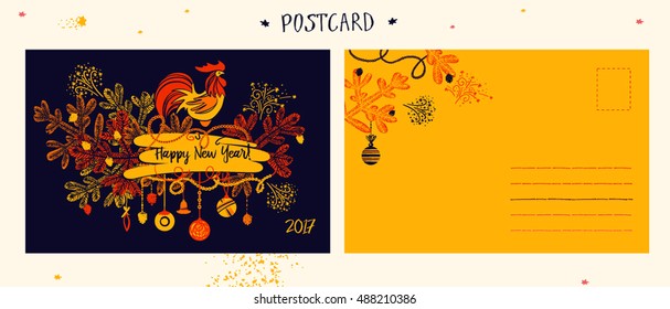 Illustration vector postcard for happy new year 2017 with silhouette cock and christmas decoration on color background. Design vector image with symbol year red rooster 2017.