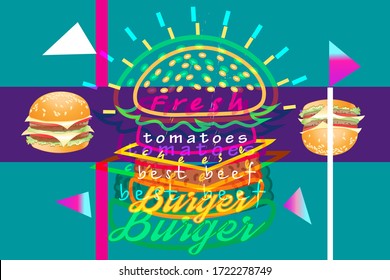 Afiche vectorial de ilustración con arte pop de Burger en un fondo brillante
