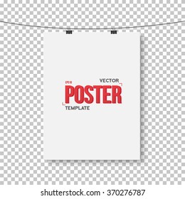Illustration of Vector Poster Mockup. Realistic Vector EPS10 Paper Vertical Poster on Bended Wire Isolated on PS Style Transparent Background