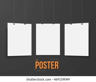 Illustration of Vector Poster Mockup. Realistic Vector EPS10 White Paper Poster on Wire with Metal Clips on the Dark Wall