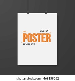 Illustration of Vector Poster Mockup. Realistic Vector EPS10 White Paper Poster on Wire with Metal Clips on the Dark Wall