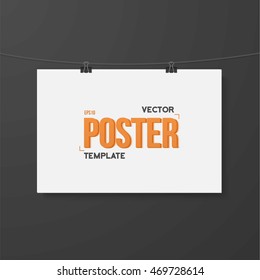 Illustration of Vector Poster Mockup. Realistic Vector EPS10 White Paper Poster on Bended Wire with Metal Clips on the Dark Wall