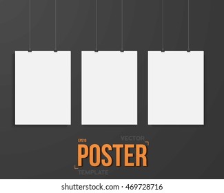 Illustration of Vector Poster Mockup. Realistic Vector EPS10 White Paper Poster on Wire with Metal Clips on the Dark Wall