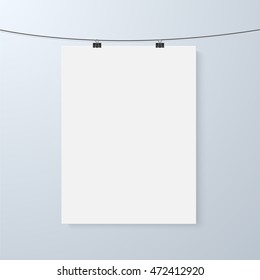 Illustration of Vector Poster Mockup. Realistic Vector EPS10 Paper Poster on Bended Wire on the Bright Wall