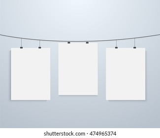 Illustration of Vector Poster Mockup. Realistic Vector EPS10 Paper Poster on Bended Wire on the Bright Wall