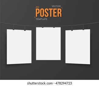 Illustration of Vector Poster Mockup. Realistic Vector EPS10 White Paper Poster on Bended Wire with Metal Clips on the Wall