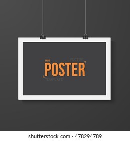 Illustration of Vector Poster Mockup. Realistic Vector EPS10 Black Paper Poster on Wire with Metal Clips on the Wall