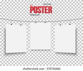 Illustration of Vector Poster Mockup Set. Realistic Vector EPS10 Paper Poster Set on Bended Wire Isolated on PS Style Transparent Background